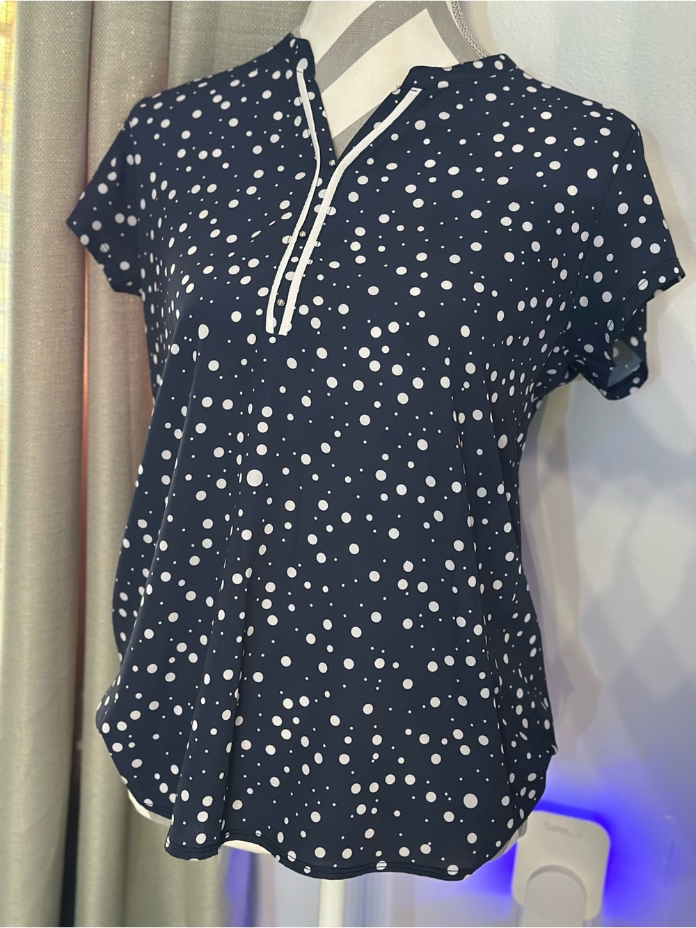 AZE Malhas Size M Navy Polka Dot Blouse Preppy Business Casual Top